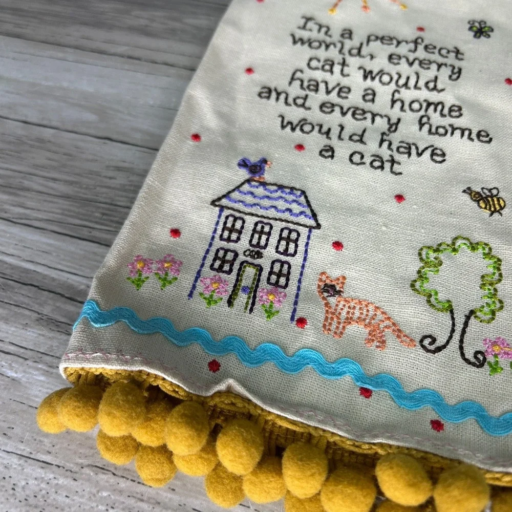 Natural Life Tea Dish Towel Embroidered Boho Cat Lover Gift